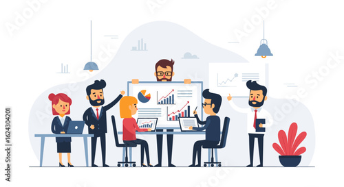 Business team collaboration, data analysis, and presentation for website or marketing materials.