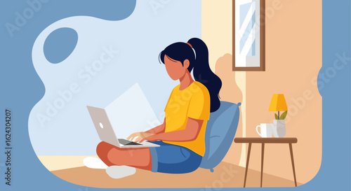 Woman working from home on laptop, perfect for remote work, freelance, or work-life balance concepts.