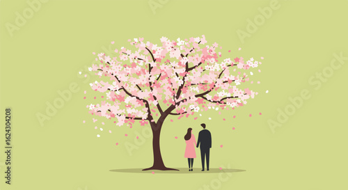 Couple holding hands beneath blossoming cherry tree with falling petals in background
