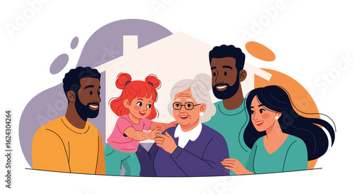 Happy multigenerational family illustration, perfect for family-oriented websites and brochures.