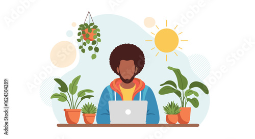 Man working on laptop surrounded by houseplants; perfect for blog posts about remote work, wellbeing, or home offices.