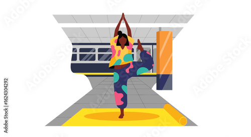 Woman doing yoga in a subway station, perfect for a wellness blog or mindfulness campaign.