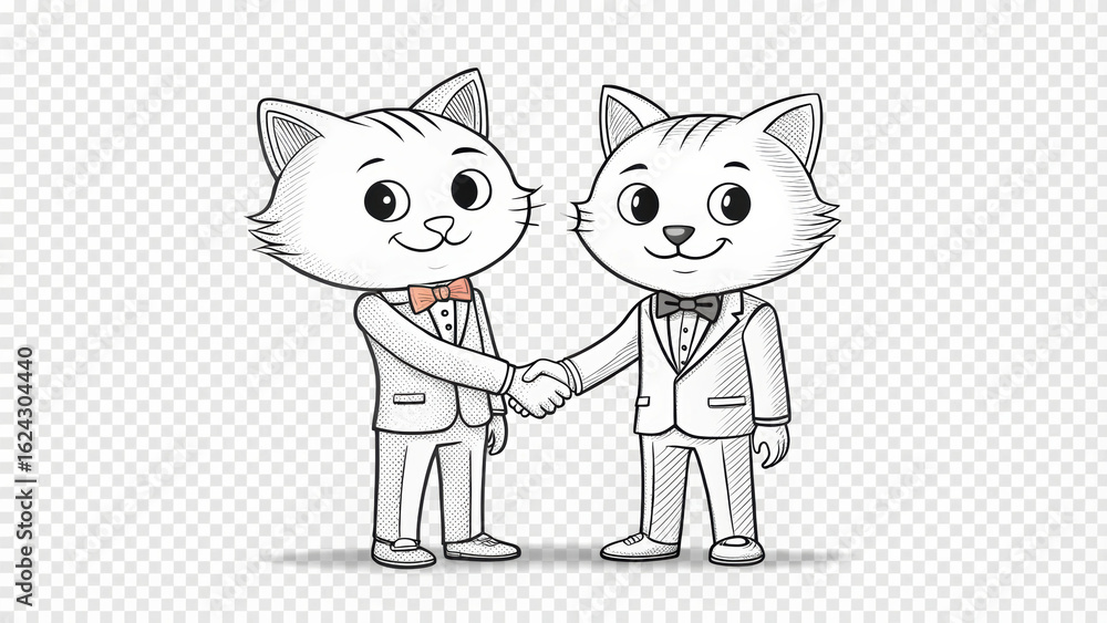 Obraz premium Two cartoon cats in suits shaking hands, symbolizing friendship or agreement.