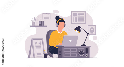 Person working from home on laptop, wearing headphones. Illustration perfect for blog posts, websites or articles about remote work.