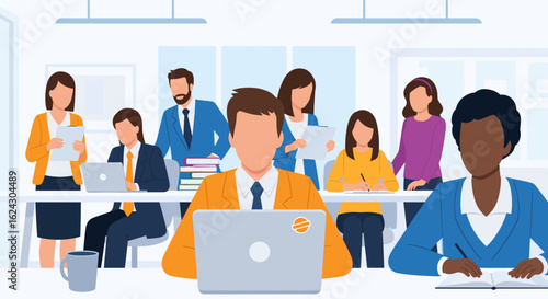 Diverse team of business professionals collaborating in a modern office. Ideal for presentations, websites, and marketing materials.