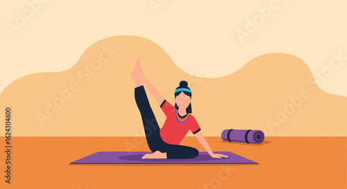 Woman doing yoga pose on purple mat, perfect for health and wellness websites or brochures.