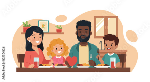 Happy family enjoying a meal together at home. Perfect for family blogs, websites, or social media.