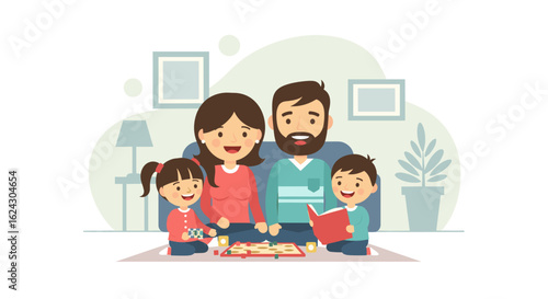 Happy family playing board games and reading together at home. Perfect for family blogs, websites, or brochures.