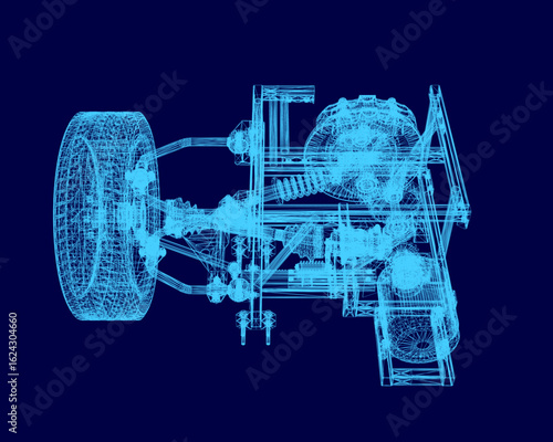 Blueprint of a car chassis displayed on a blue background, featuring detailed wireframe components and modular drive unit design. The technical illustration highlights structural elements.