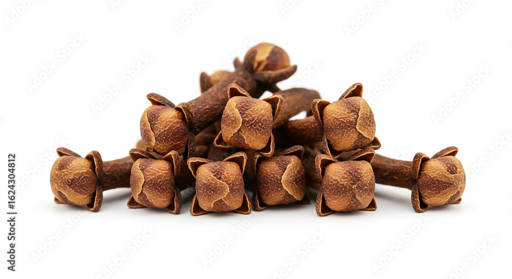 Obraz premium A detailed macro photograph of a pile of whole dried aromatic cloves spice isolated on a clean white background for culinary concepts.