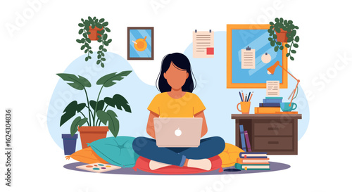 Woman working from home on laptop, surrounded by plants and books - perfect for blog posts about remote work, productivity, or wellness.