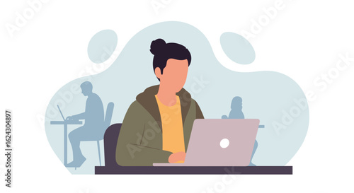 Person working on laptop in co-working space, ideal for website banners or presentations on remote work.