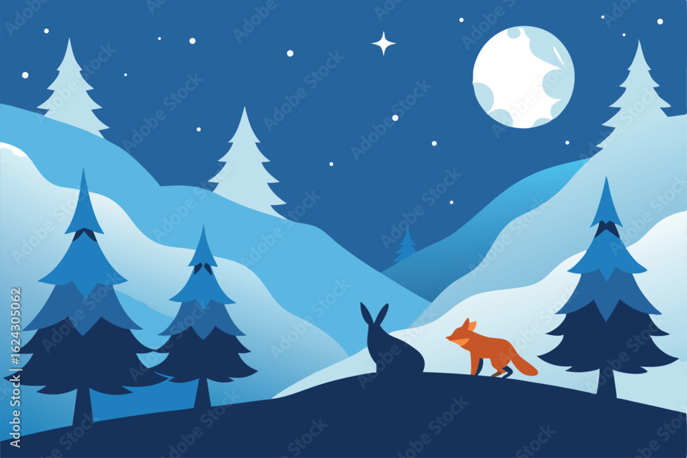 Fototapeta premium winter woodland scene with foxes rabbits and pin.eps