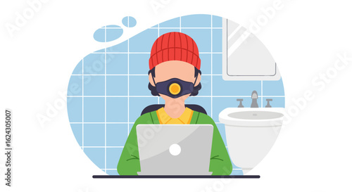 Person working on laptop in bathroom wearing respirator mask, ideal for articles on remote work, health, or air quality.