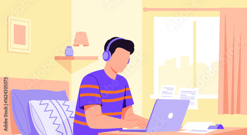 Young man working from home, using laptop and headphones. Perfect for blog posts about remote work, online education, or freelancing.
