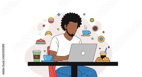 Man working on laptop in cafe with coffee and pastries. Ideal for blogs, websites, or social media posts about remote work, coffee culture, or freelance life.