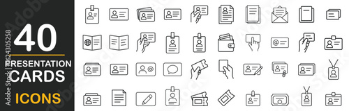 Presentation Cards Outline Icons Set – ID, Business, Name, and Access Card Line Art Collection. 