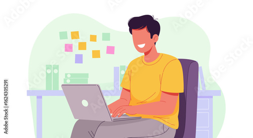Happy young man working on laptop, perfect for website landing page or blog post about remote work.