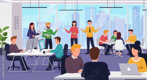 Diverse team collaborating in a modern office, perfect for illustrating teamwork and productivity on a company website or brochure.