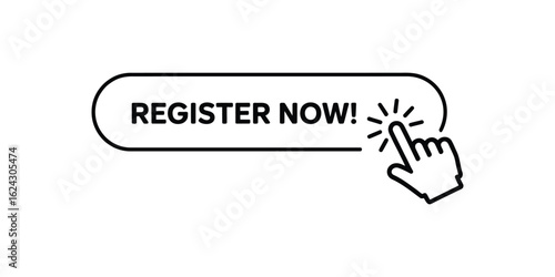 Hand cursor clicking on a rounded button with the text register now