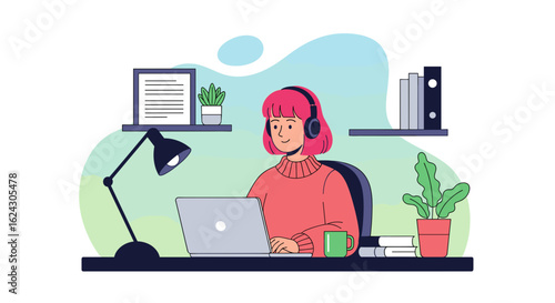 Woman working from home on laptop, wearing headphones. Illustration perfect for blogs, websites, and social media.