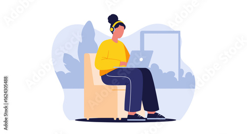 Woman working on laptop with headphones, perfect for website banners or blog posts about remote work.