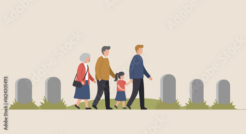 Family walking in a cemetery, possible ad for funeral homes or life insurance
