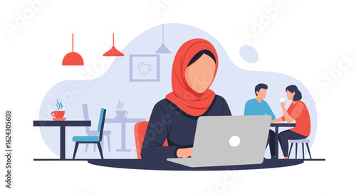 Woman in hijab working on laptop in cafe, perfect for blog posts about remote work or modern lifestyle.