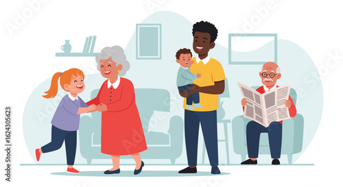 Multigenerational family at home, perfect for brochures, websites, and family-themed projects.