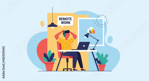 Relaxed remote worker at desk, perfect for illustrating work from home concepts on websites or marketing materials.
