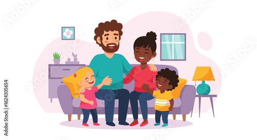 Happy diverse family sitting on a couch, perfect for family blogs, websites, or children's books.