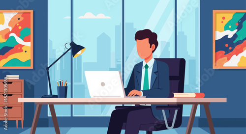 Businessman working on laptop in modern office, perfect for website banners or corporate brochures.