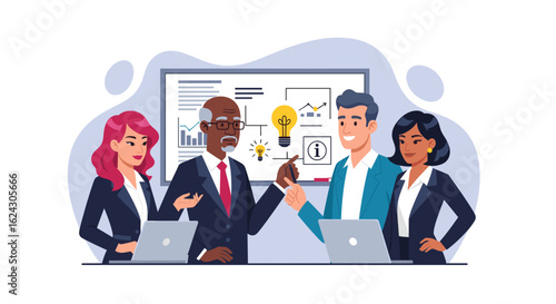 Diverse business team brainstorming ideas around a whiteboard, perfect for presentations or website landing pages.