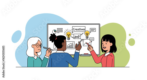 Diverse team brainstorming on whiteboard, perfect for websites, presentations, and marketing materials.