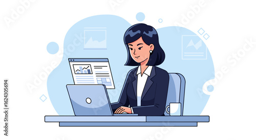 Businesswoman working on laptop, analyzing data charts - perfect for website landing page or business brochure.