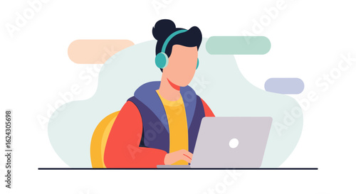 Person working on laptop with headphones - perfect for websites, blogs, and articles about remote work, online learning, or communication.