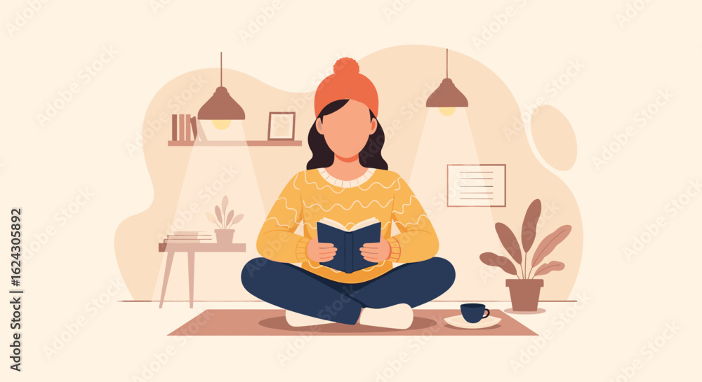 Fototapeta premium Woman reading a book in a cozy room, perfect for blogs about relaxation, self-care, or reading.