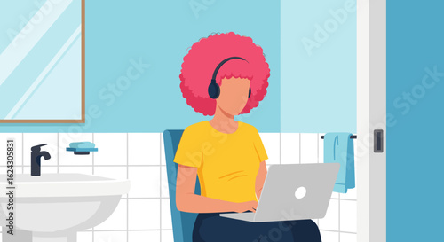 Woman working on laptop in bathroom - Illustration for blog post about work-life balance.
