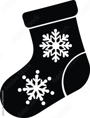 christmas stocking design: black snowflake vector illustration, flat holiday decor for card or print