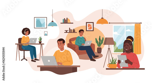 Diverse group of people working remotely from home, ideal for illustrating remote work, work from home, or telecommuting concepts.