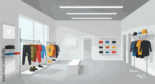 Clothing displayed in minimalist boutique store with racks and shelving. Background empty