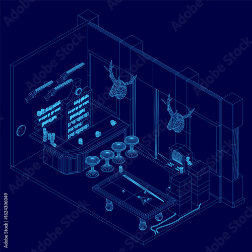 A low poly wireframe blueprint of a pub gaming room features a pool table at the center, surrounded by stools, tables, and guns. The deep blue background enhances the digital design aesthetic.
