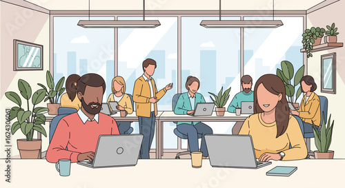 Diverse team collaborating in a modern, bright office. Ideal for websites, presentations, and brochures showcasing teamwork and innovation.