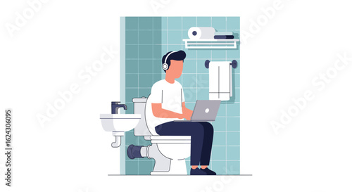 Man working on laptop in bathroom - perfect for illustrating remote work, work-life balance, or humorous articles.