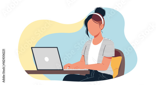 Woman working on laptop, perfect for websites, blogs, and presentations on remote work, technology, or freelancing.