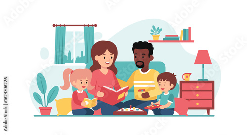 Happy family reading and playing games together at home - perfect for family blogs, parenting websites, or children's books.