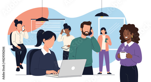 Diverse team of professionals working collaboratively in a modern office, ideal for showcasing teamwork and communication.