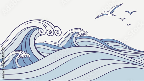 Ocean waves illustration with seagulls flying in the sky vector design sea background nature landscape art