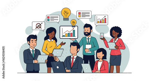 Diverse business team collaborating on a project, perfect for presentations on teamwork and innovation.