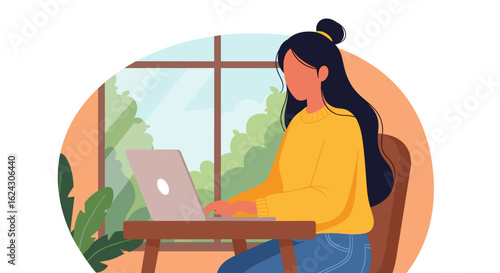 Young woman working on laptop near window, perfect for website banners or blog posts about remote work.